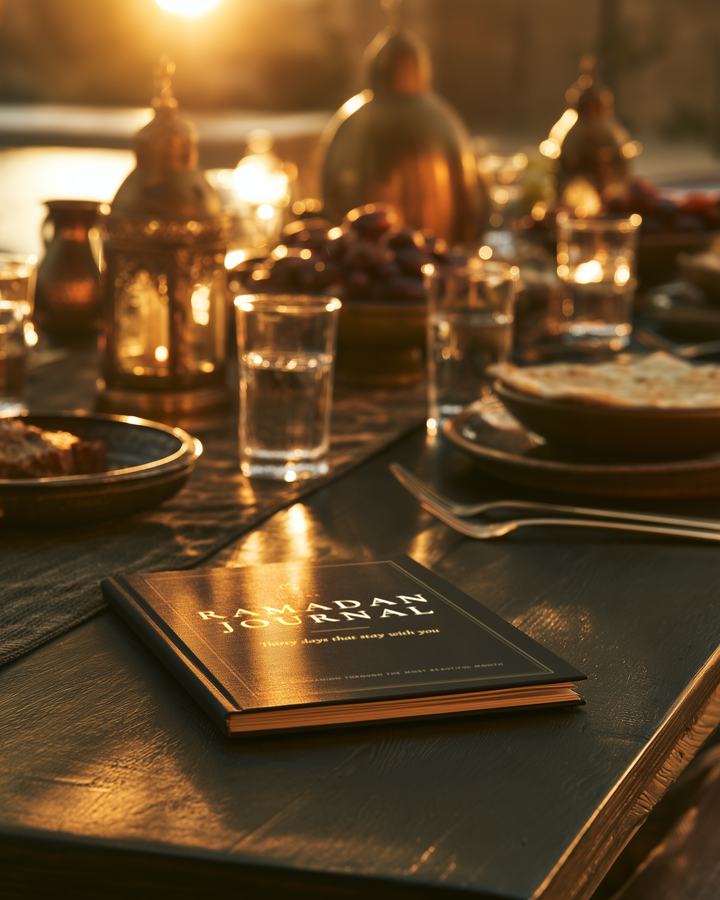 The hardcover on an iftar table set with lanterns.