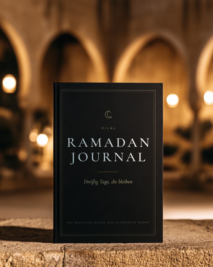 Das Hilal Ramadan Journal steht im warmen Abendlicht in einem Moscheehof.