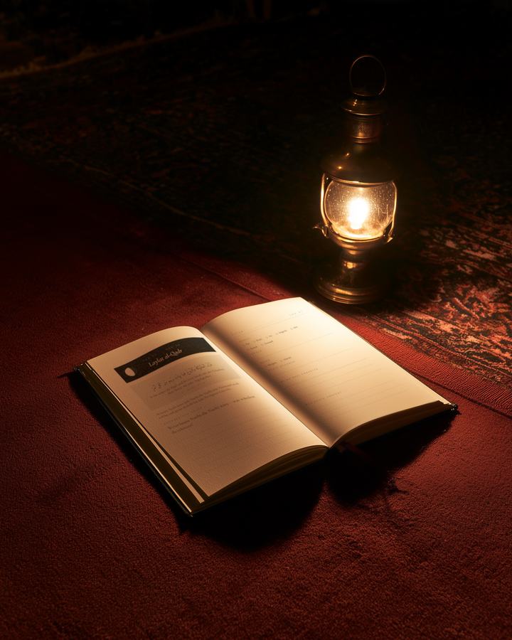 Das aufgeschlagene Journal bei Tag 21, Laylat al-Qadr, auf einem roten Teppich im Licht einer Laterne.