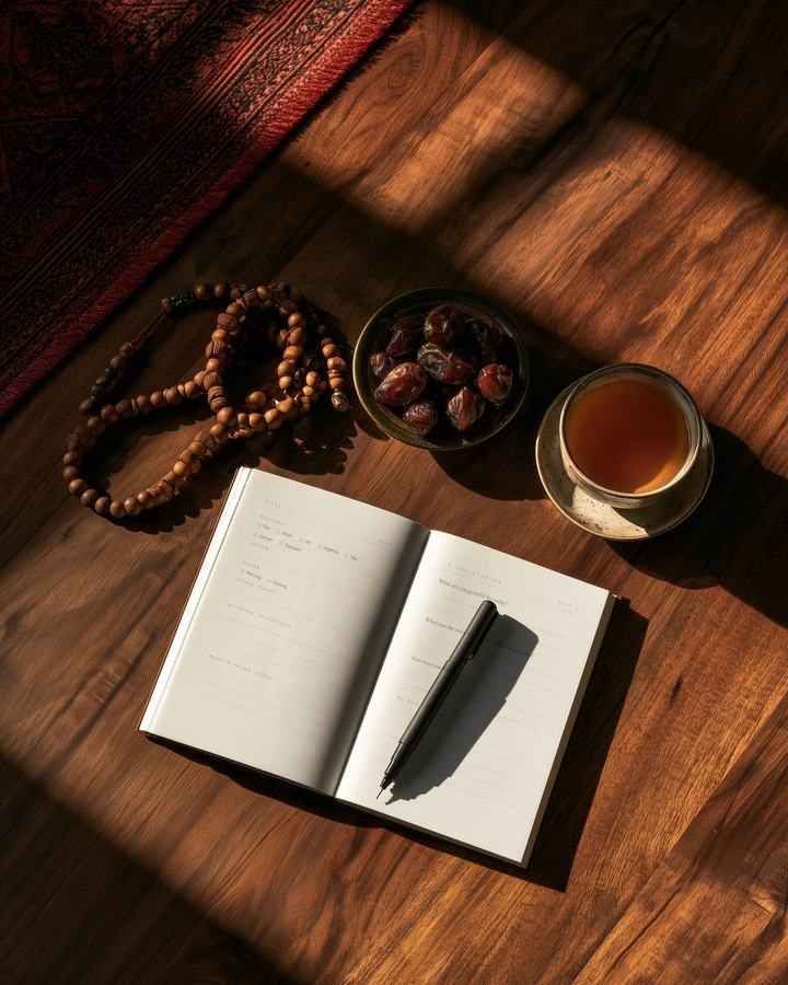 The Day 1 spread from above, with prayer beads, dates and tea.