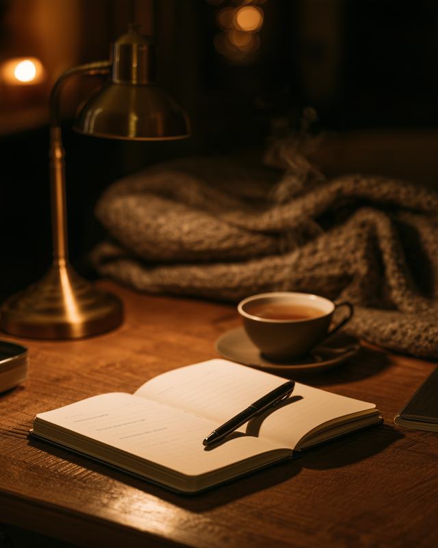 Das Journal am Abend auf einem Schreibtisch, aufgeschlagen bei der Abendseite, daneben eine Tasse Tee.