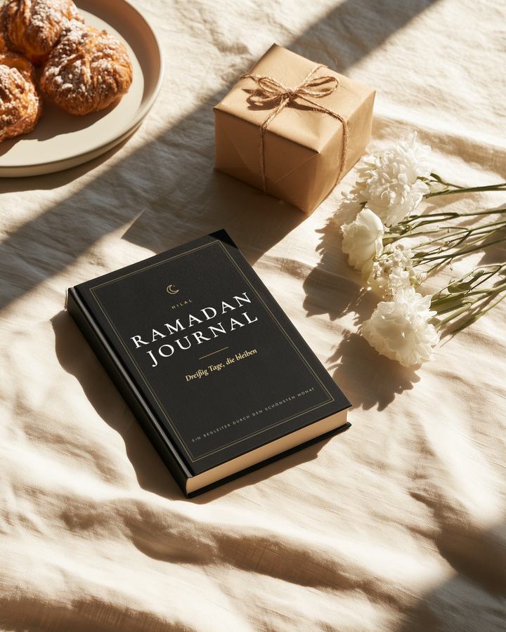 Das Hilal Ramadan Journal in der Morgensonne auf einem hellen Tuch, daneben ein verpacktes Geschenk und weiße Blumen.