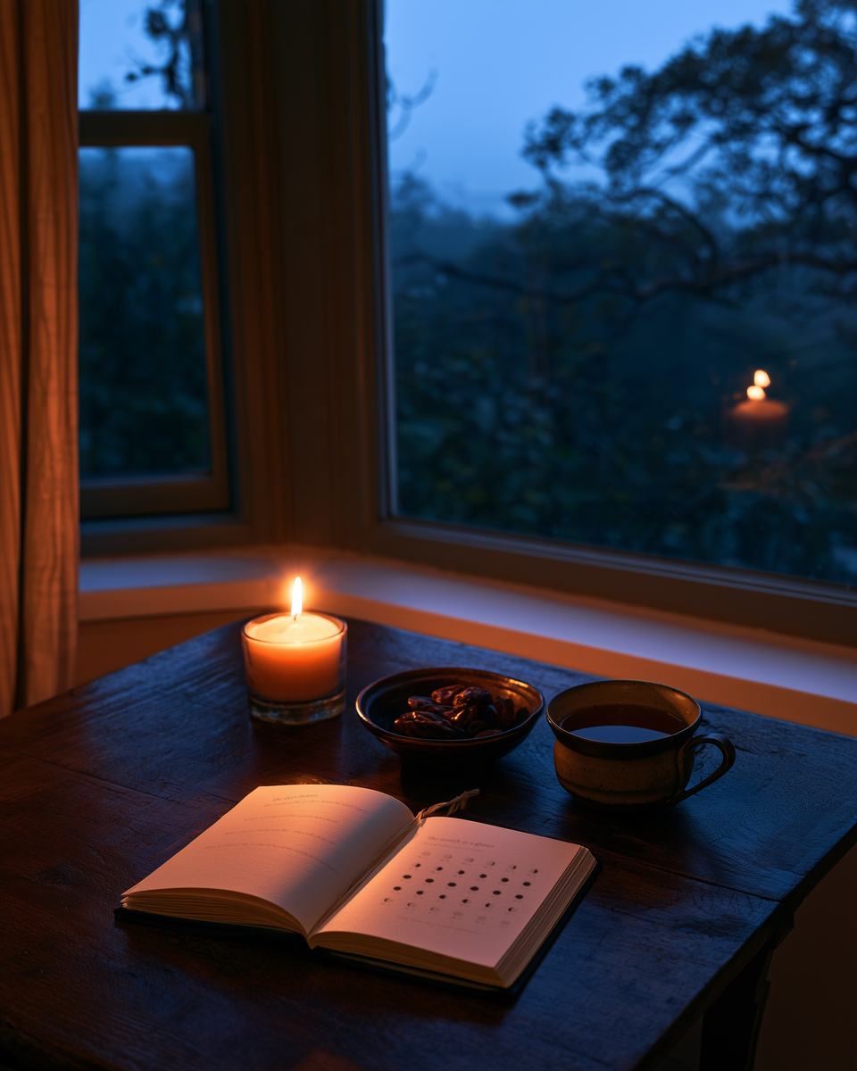 An open journal on a window sill at blue hour, next to a candle, dates and tea.