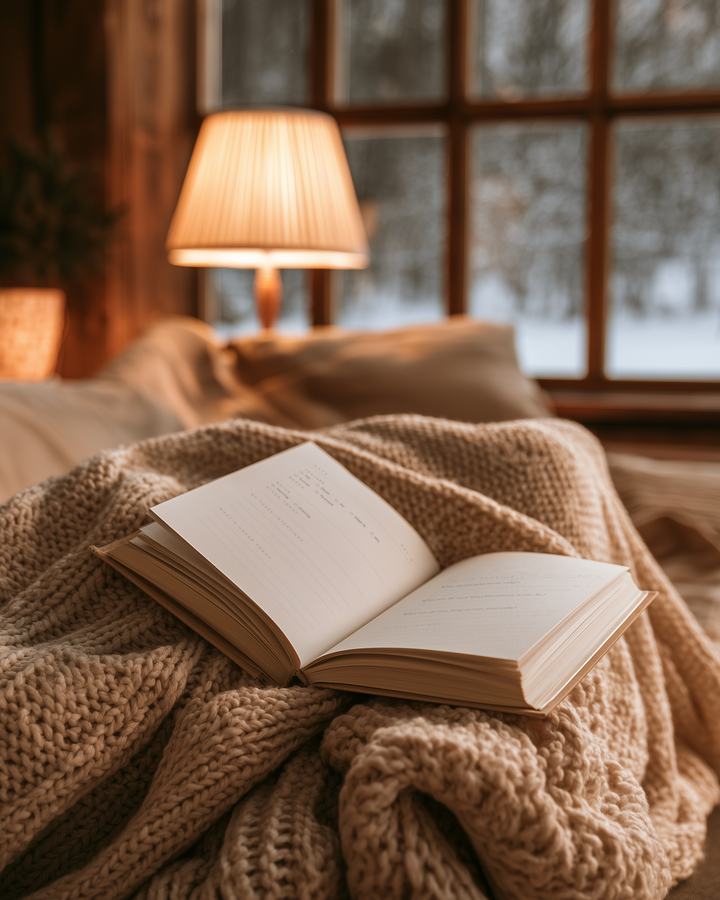 The open journal on a wool blanket in lamplight.